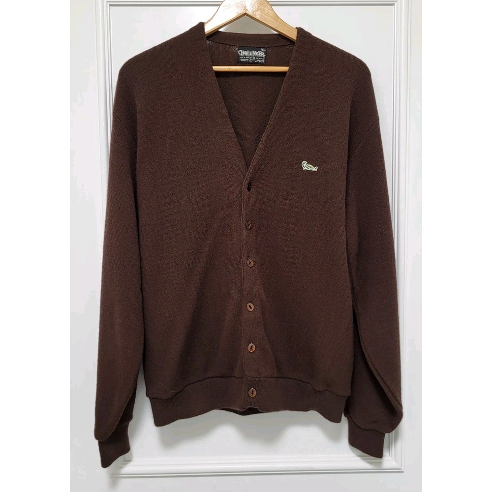 Vtg Challenger Mens Brown Turtle V Neck Grandpa Cardigan Sweater XL